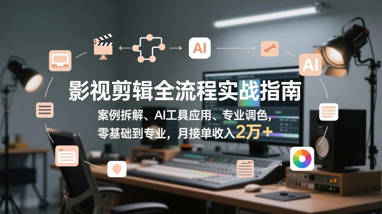 影视剪辑全流程实战指南，案例拆解、AI工具应用、专业调色，零基础到专业，月接单收入2万+